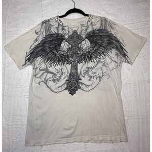 Affliction Mens Graphic T-Shirt Large Cream Gothic Cross Wings Skulls Y2K MMA